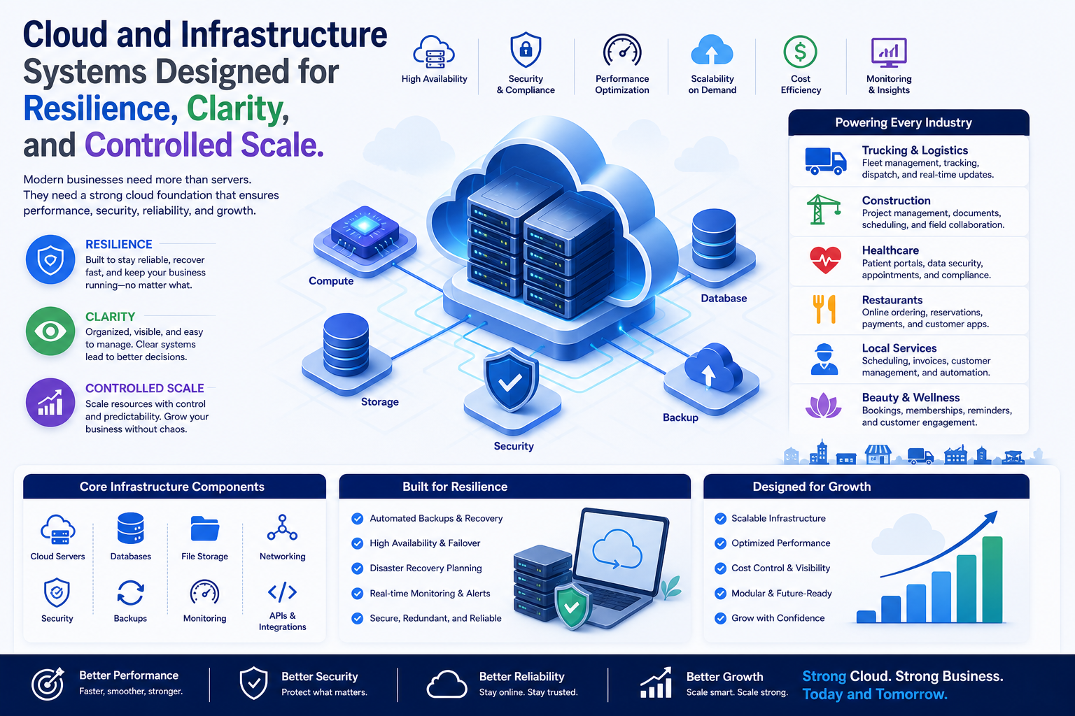 Cloud infrastructure infographic for scalable, secure, and resilient business systems.
