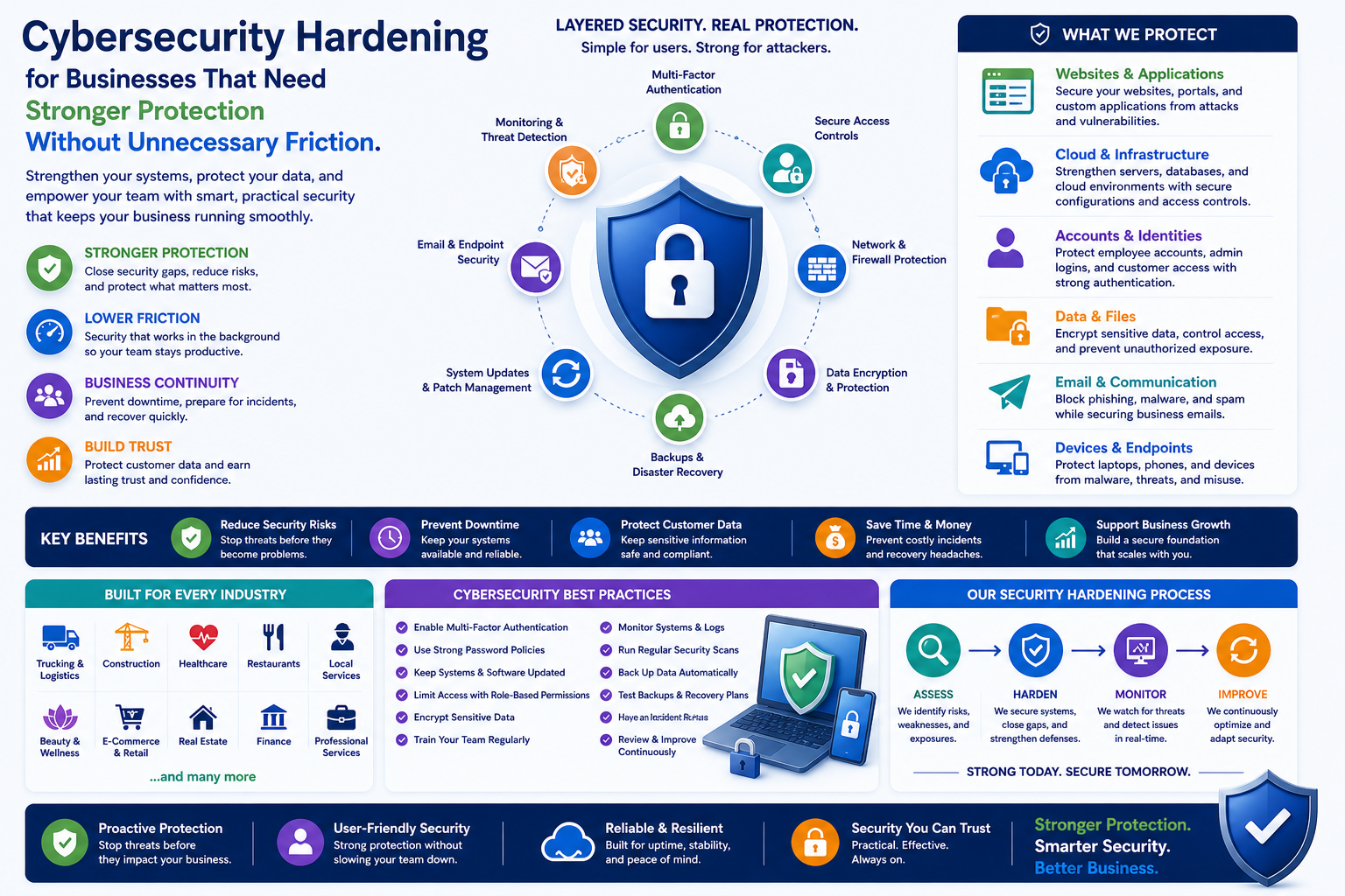Cybersecurity hardening for businesses with MFA, data protection, firewall security, backups, monitoring, and secure cloud systems.