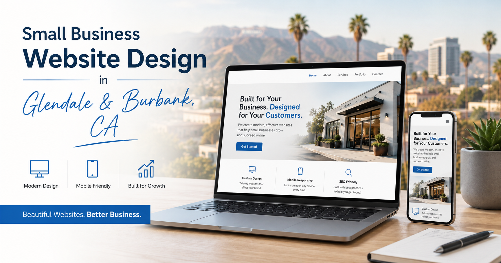 Small business website design in Glendale and Burbank CA showing responsive web design on laptop and mobile phone